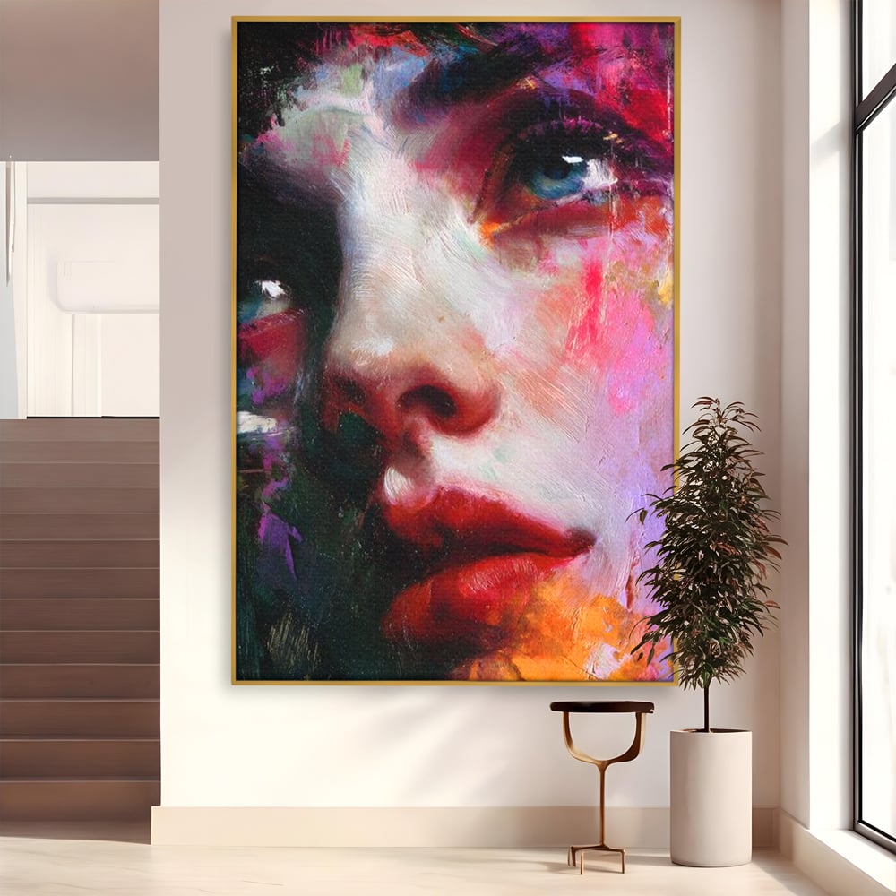 Tablou canvas cu tablou canvas cu portret expresionist de femeie, in rama de aluminiu auriu